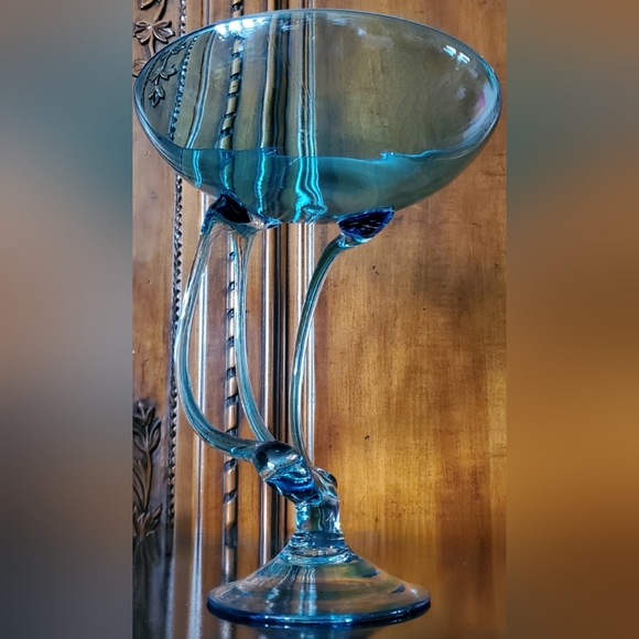 10 3/4" Tall Large Handcrafted Blown Art Glass Aqua Blue Jelly Fish🎐 Bowl 🇵🇱 - Picture 9 of 13